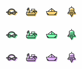 Set line Folded paper boat, Nautical rope knots, Cargo ship and Ship bell icon. Vector
