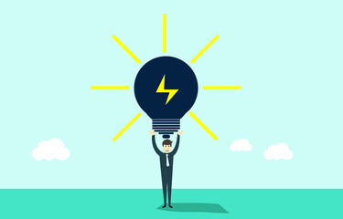 Light bulb of ideas in the hands of a businessman above his head