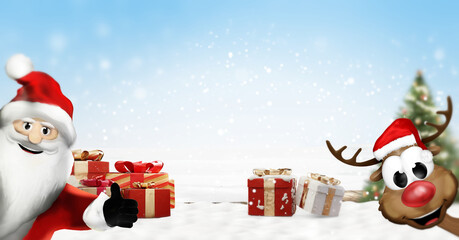 Happy Santa Claus and a deer with Christmas presents gifts snow. outdoor. slightly blurred design 3d-illustration