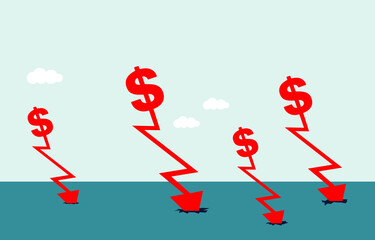 Concept of dollar collapse, money recession loses value
