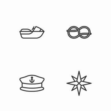 Set line Wind rose, Captain hat, Jet ski and Nautical rope knots icon. Vector