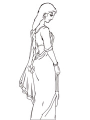 Beautiful young Indian lady wearing red saree and blouse going for shopping cartoon art