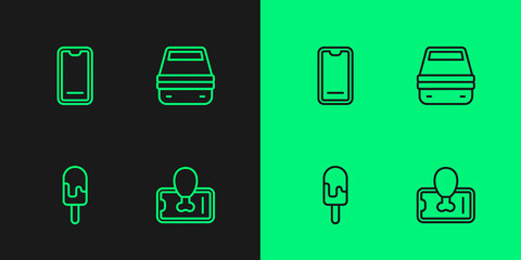 Set line Food ordering on mobile, Ice cream, and Lunch box icon. Vector