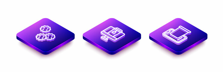 Set Isometric line Cookie or biscuit, Online ordering food and Food on mobile icon. Vector