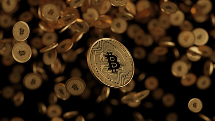 Bitcoin moneta w tle spadają kryptowaluty - obrazy, fototapety, plakaty