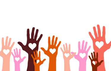 Raised hands in the air with heart shape, volunteer concept vector illustration