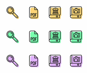 Set line Law book, Magnifying glass, PDF file document and Photo album gallery icon. Vector