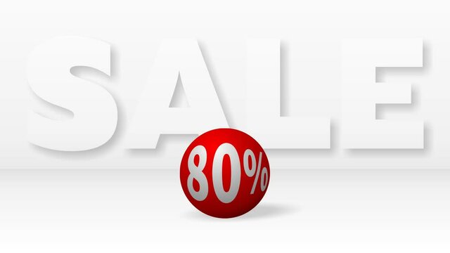 A beautiful red ball with 80 percent discount rolling against big white letters SALE