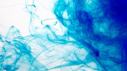 Blue cloud of ink on a white background. Abstract background. Drops of blue ink in water. Colored acrylic paints in water.