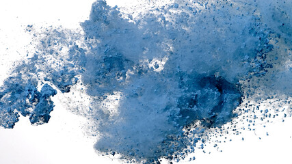 Drops of blue ink in water. Colored acrylic paints in water. Light blue watercolor ink in water on...