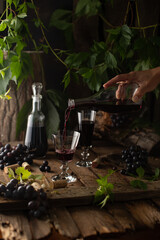 Red wine scene with decanter,crystal glasses,fresh grapes and green twigs on vintage wooden table.Fresh vine in rustic style.