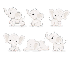 A set of 6 cute elephants. Vector illustration of a cartoon.
