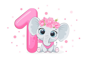 Cartoon illustration "Happy birthday, 1 year", a cute baby elephant girl. Vector illustration.