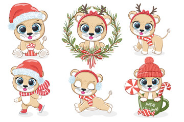 A collection of 6 cute lion cubs for New Year and Christmas. Vector illustration from a cartoon.