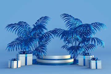 Obraz premium Merry Christmas and Happy New Year concept 3D blue podium with abstract tropical palm trees and festive gift boxes with ribbons. Design for celebration poster, placard, banner or invitation.