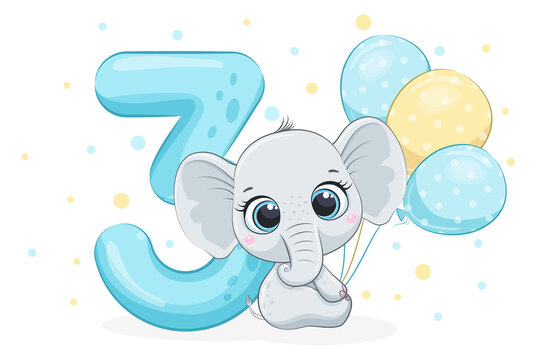 Cartoon illustration "Happy birthday, 3 year", cute baby elephant. Vector illustration.