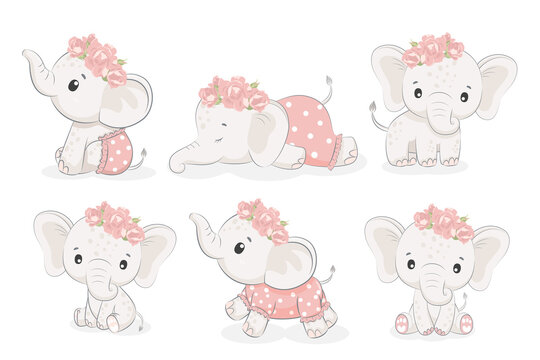 A set of 6 cute elephant girls. Vector illustration of a cartoon .