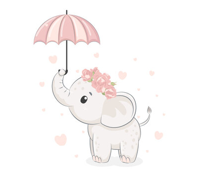 Cute elephant girl with an umbrella. Vector illustration of a cartoon .