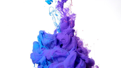Colored cloud of ink on a white background. Blue, purple and pink watercolor ink in water on a...