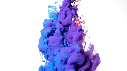 Beautiful abstract background. Blue, purple and pink acrylic paints are mixed in water. Colored cloud of ink on a white background.