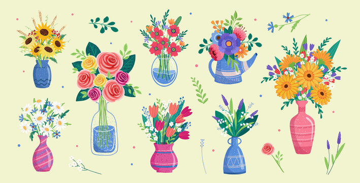 flower bouquets in wrapping and blooming plant. gerberas and chamomile, rose, tulip, lilies of the valley composition. Decorative florist shop item on yellow background