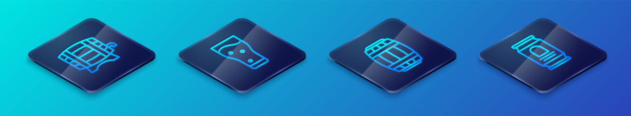 Set Isometric line Wooden barrel, on rack, Beer can and Glass of beer icon. Vector