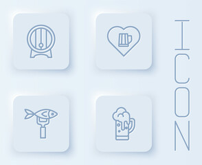 Set line Wooden barrel on rack, Heart with glass of beer, Dried fish and Glass. White square button. Vector