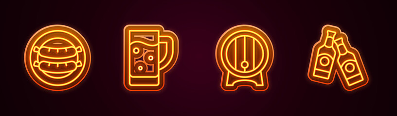 Set line Sausage, Glass of beer, Wooden barrel on rack and Beer bottle. Glowing neon icon. Vector