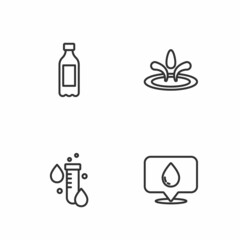 Set line Water drop with location, Test tube water, Bottle of and icon. Vector