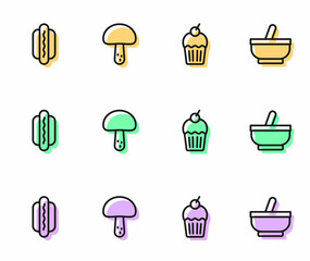 Set line Muffin, Hotdog, Mushroom and Mortar and pestle icon. Vector