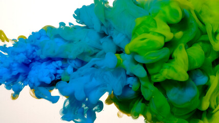 Acrylic paints are mixed in water. Colored cloud of ink on a white background. Blue and green watercolor ink in water on a white background.