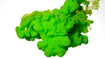 Colored cloud of ink on a white background. Beautiful abstract background. Green paints are mixed in water.