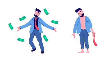 Rich and poor man. Joyful businessman throwing green cash and beggar in tattered clothes with empty pockets sudden profit and total bankruptcy vector