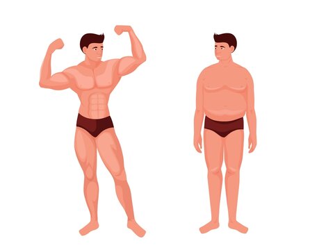 Athletic and fat man. Muscular athlete poses with pumped muscles and sad fat guy with saggy belly and flabby vector muscles