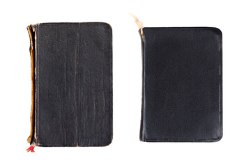 Two simple small old blank retro closed books, black book front covers, table top view, objects...