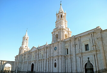 Basilica Cathedral of Arequipa, Gorgeous Landmark on Plaza de Armas Square of Arequipa, Peru, South...