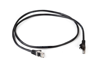 Simple short RJ-45 network patch cable coiled, internet cable, object isolated on white background, cut out. Ethernet plug connection, networking equipment, connectivity and net connection concept