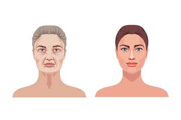 Elderly and young woman. Beautiful girl with smooth and toned face and old with wrinkles and gray hair process of age vector aging