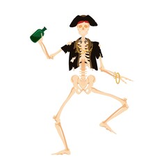 Dancing skeleton pirate with bottle. Dead corsair in decayed clothes happily dances with rum creepy vector nightmare revived.