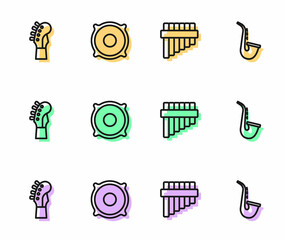Set line Pan flute, Guitar neck, Stereo speaker and Saxophone icon. Vector