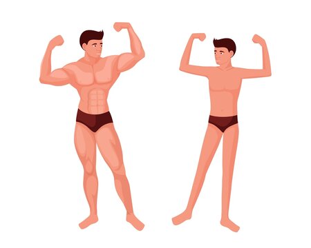 Athletic and thin man. Muscular athlete poses with pumped muscles and skinny guy with thin limbs and flabby vector muscles