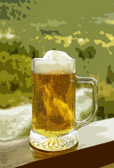 Illustration of a pint of draft beer on the balcony railing with blurry forest view in background