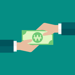 businessman hand hand gives korean won banknote to another hand. Vector flat illustration on blue.