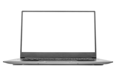 Laptop with blank screen isolated on white background, aluminium body. Laptop white gray mockup isolated object on white background