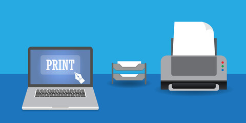 Laptop with the text print on the screen and printer