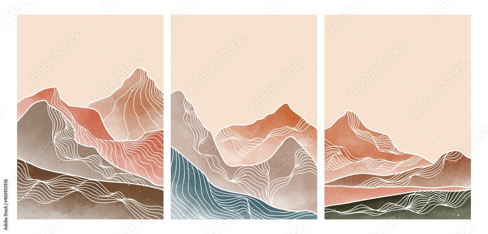 Wall mural natural abstract mountain on set with line art. mid century modern minimalist art print. abstract ba