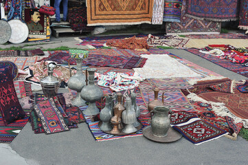 view of the market of oriental carpets and jugs in the Izmailovsky Kremlin in Moscow