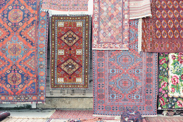 view of the market of oriental carpets in the Izmailovsky Kremlin in Moscow