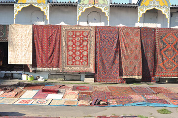 view of the market of oriental carpets in the Izmailovsky Kremlin in Moscow
