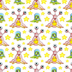 Seamless watercolor painting of aliens and stars. Hand drawn background doodle cosmic pattern. Cute green and pink humanoids. Garment print, design, wrapping paper. Isolated over white background.
